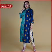 Turquoise & Blue Straight Kurta with Gold Lace.