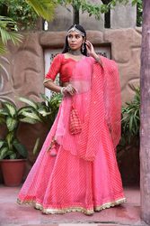 Shop Wedding Party Wear Pink Leheriya Lehenga Set Online at Satrangi